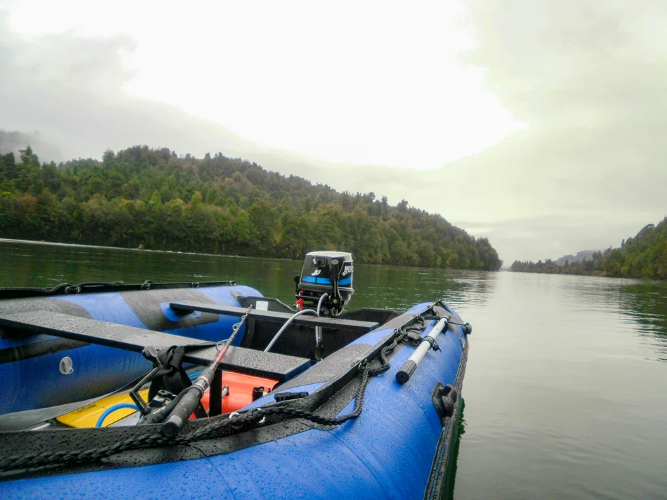 Interior de un bote azul frente al bosque
